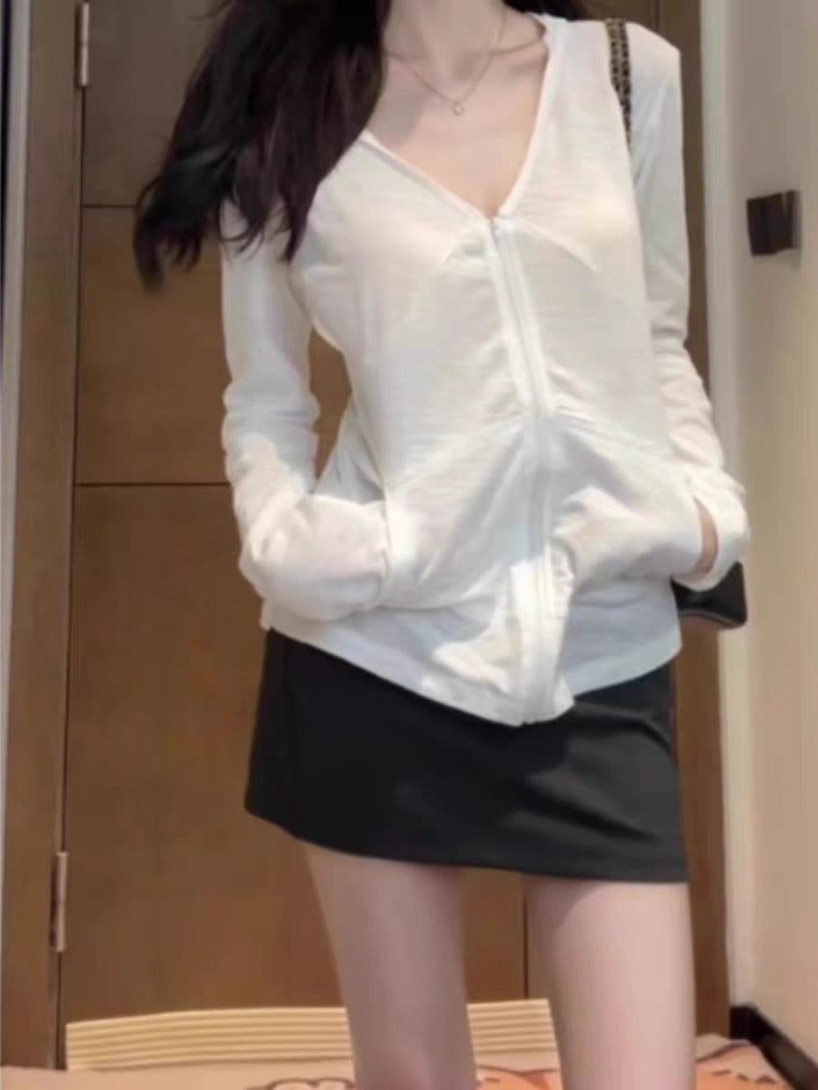 눈꽃 면 후드 지퍼 섹션 화이트 자외선 차단 긴팔 다용도 맨위 상세 이미지 3