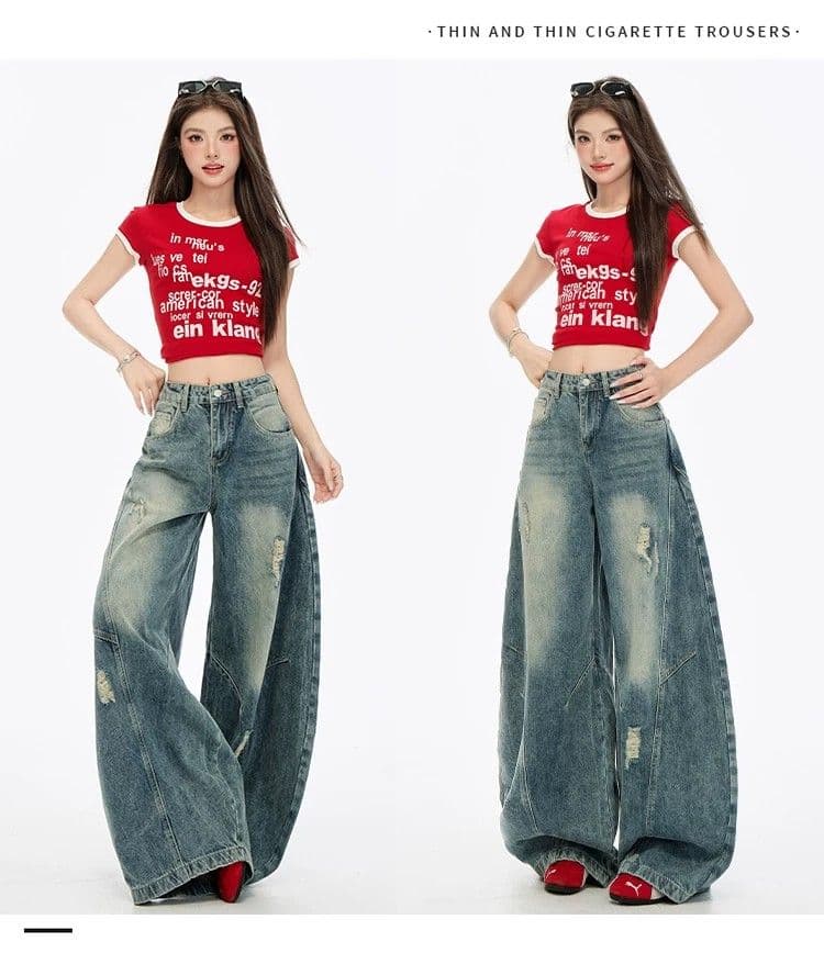 원본 품질 아메리칸 레트로 찢어진 넓은 다리 모통이 칼 청바지 하이웨이스트 다용도 상세 이미지 10