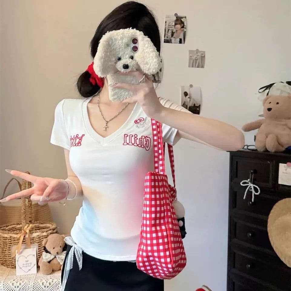 원본 자수 것 순수한 욕망 V넥 반팔 티셔츠 여성 몸매 가꾸기 만나는 맨위