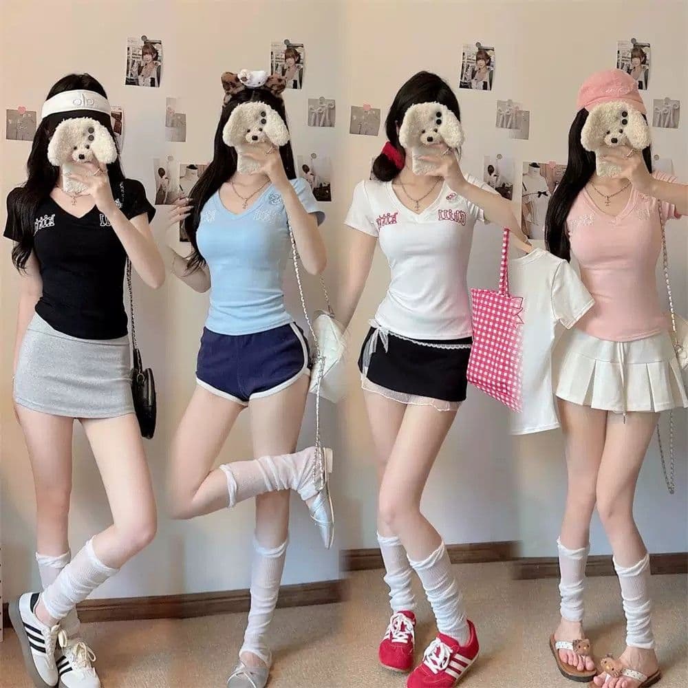 원본 자수 것 순수한 욕망 V넥 반팔 티셔츠 여성 몸매 가꾸기 만나는 맨위 상세 이미지 5
