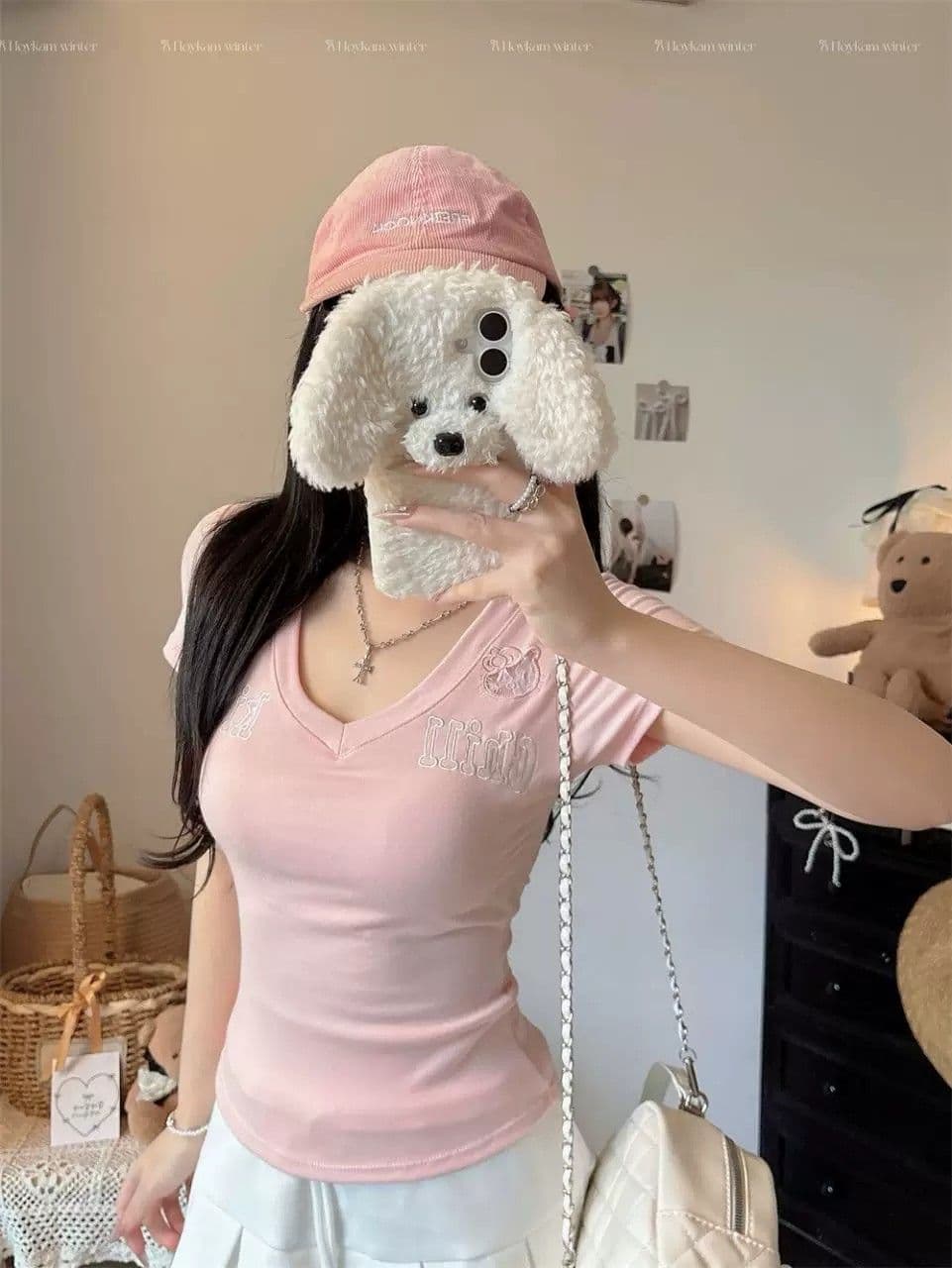 원본 자수 것 순수한 욕망 V넥 반팔 티셔츠 여성 몸매 가꾸기 만나는 맨위 상세 이미지 23