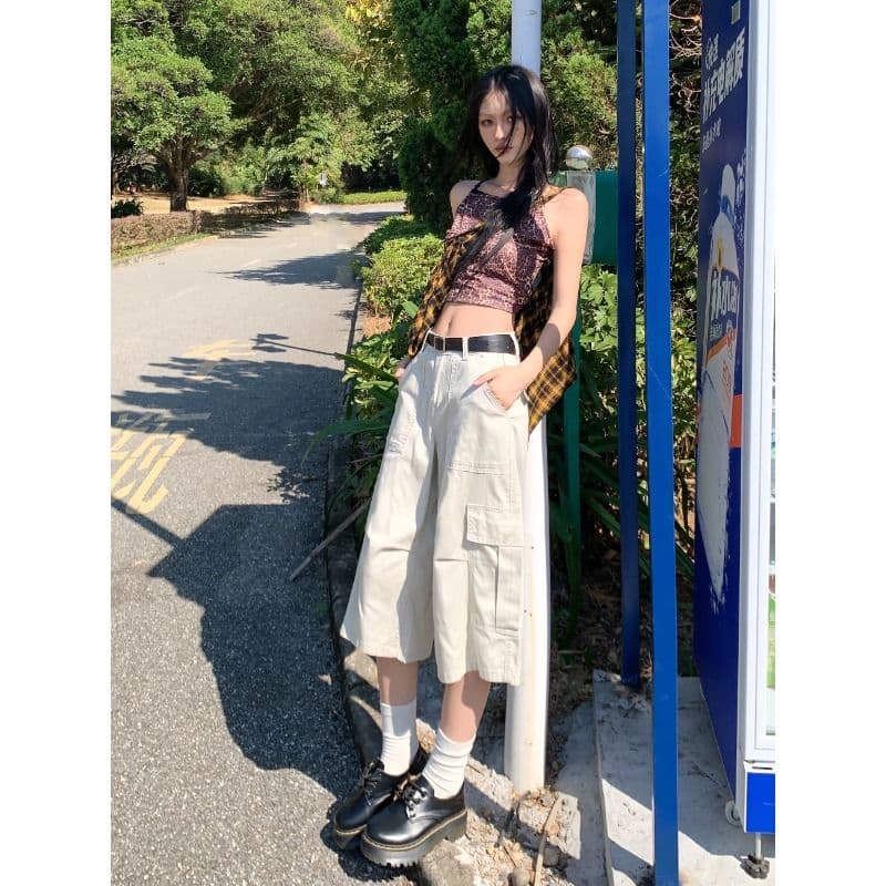 7부 바지 여성 여름 얇은 스타일 아메리칸 레트로 주머니 스트레이트 워크웨어 팬츠 이미지 5