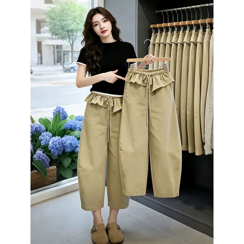카키 색 프릴 허리 머리 8 점 바지 여성 여름 밴딩 모통이 칼 바지 디자인 센스