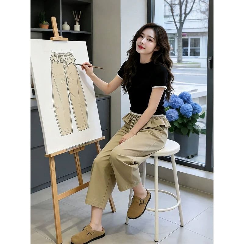 카키 색 프릴 허리 머리 8 점 바지 여성 여름 밴딩 모통이 칼 바지 디자인 센스 이미지 2