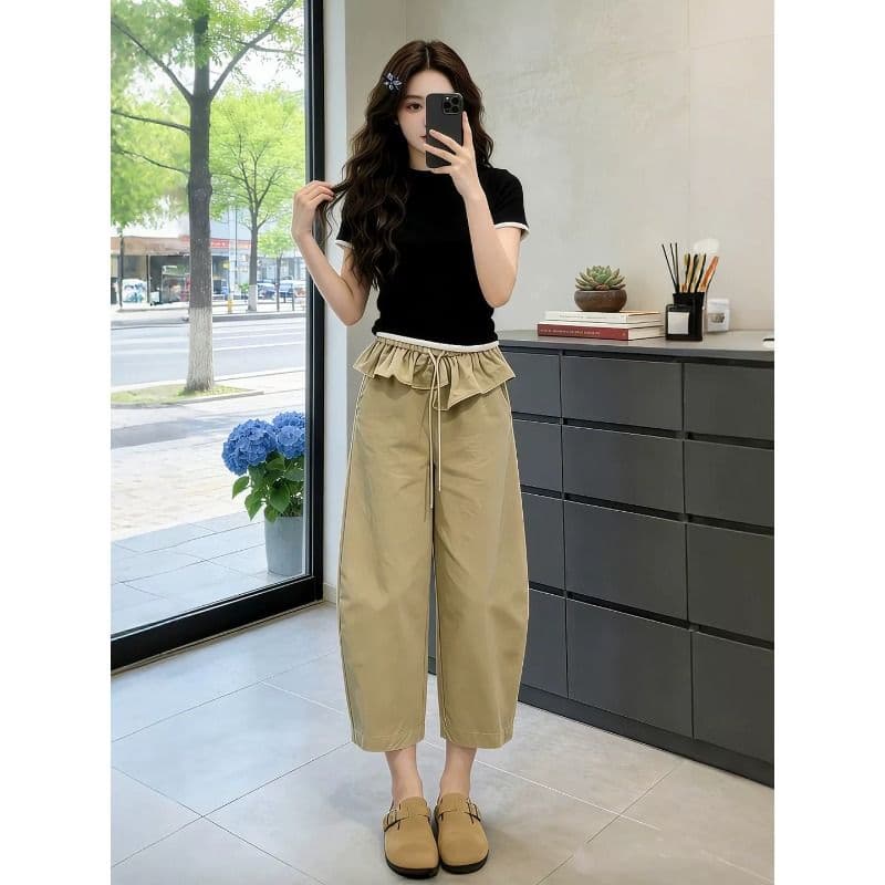 카키 색 프릴 허리 머리 8 점 바지 여성 여름 밴딩 모통이 칼 바지 디자인 센스 이미지 3