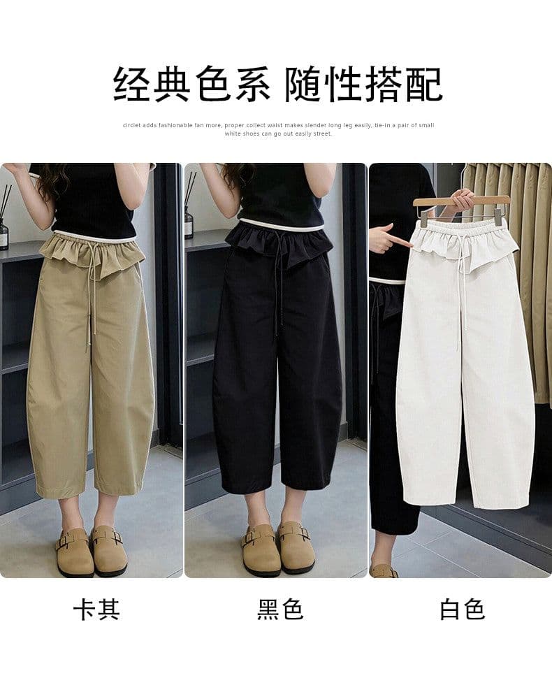 카키 색 프릴 허리 머리 8 점 바지 여성 여름 밴딩 모통이 칼 바지 디자인 센스 상세 이미지 4