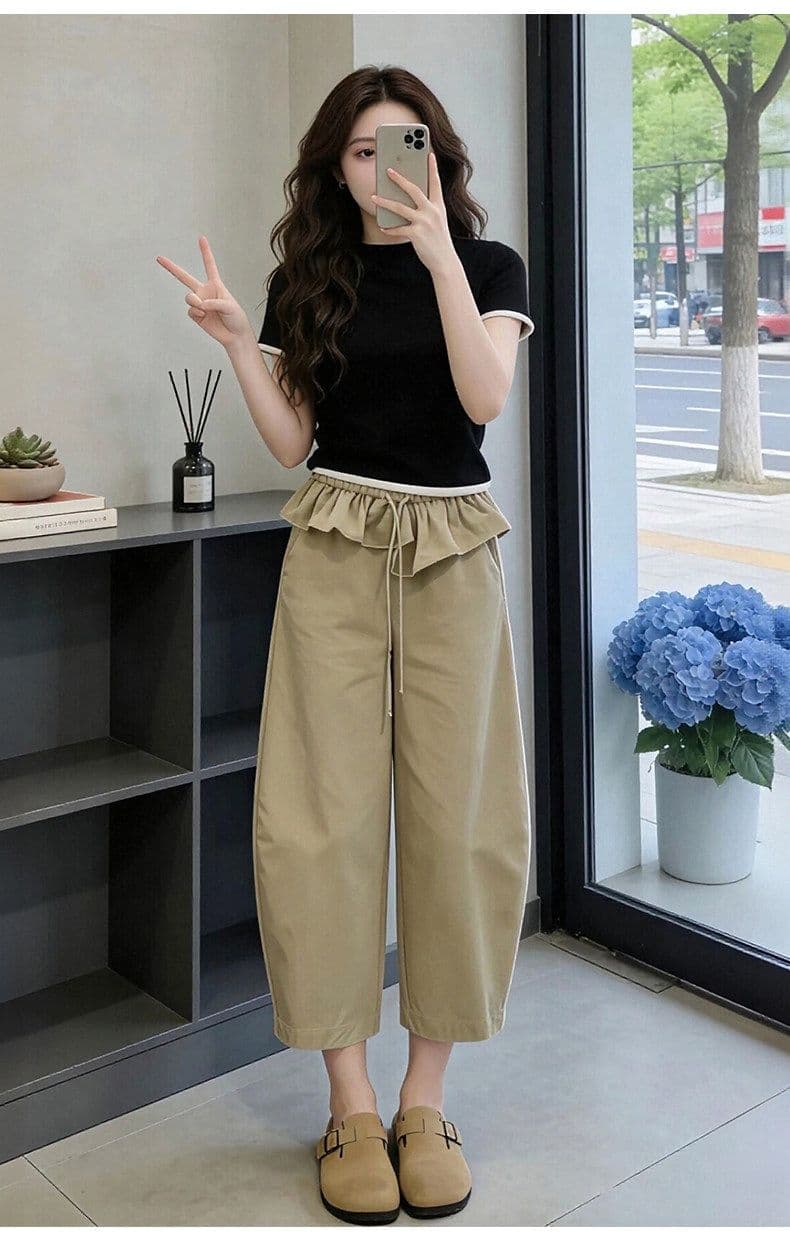 카키 색 프릴 허리 머리 8 점 바지 여성 여름 밴딩 모통이 칼 바지 디자인 센스 상세 이미지 6