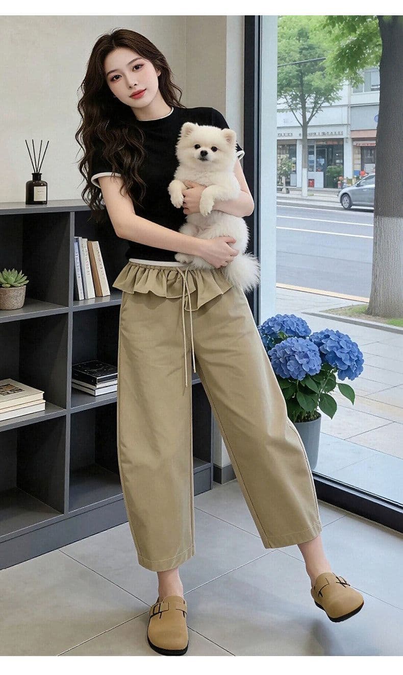 카키 색 프릴 허리 머리 8 점 바지 여성 여름 밴딩 모통이 칼 바지 디자인 센스 상세 이미지 7