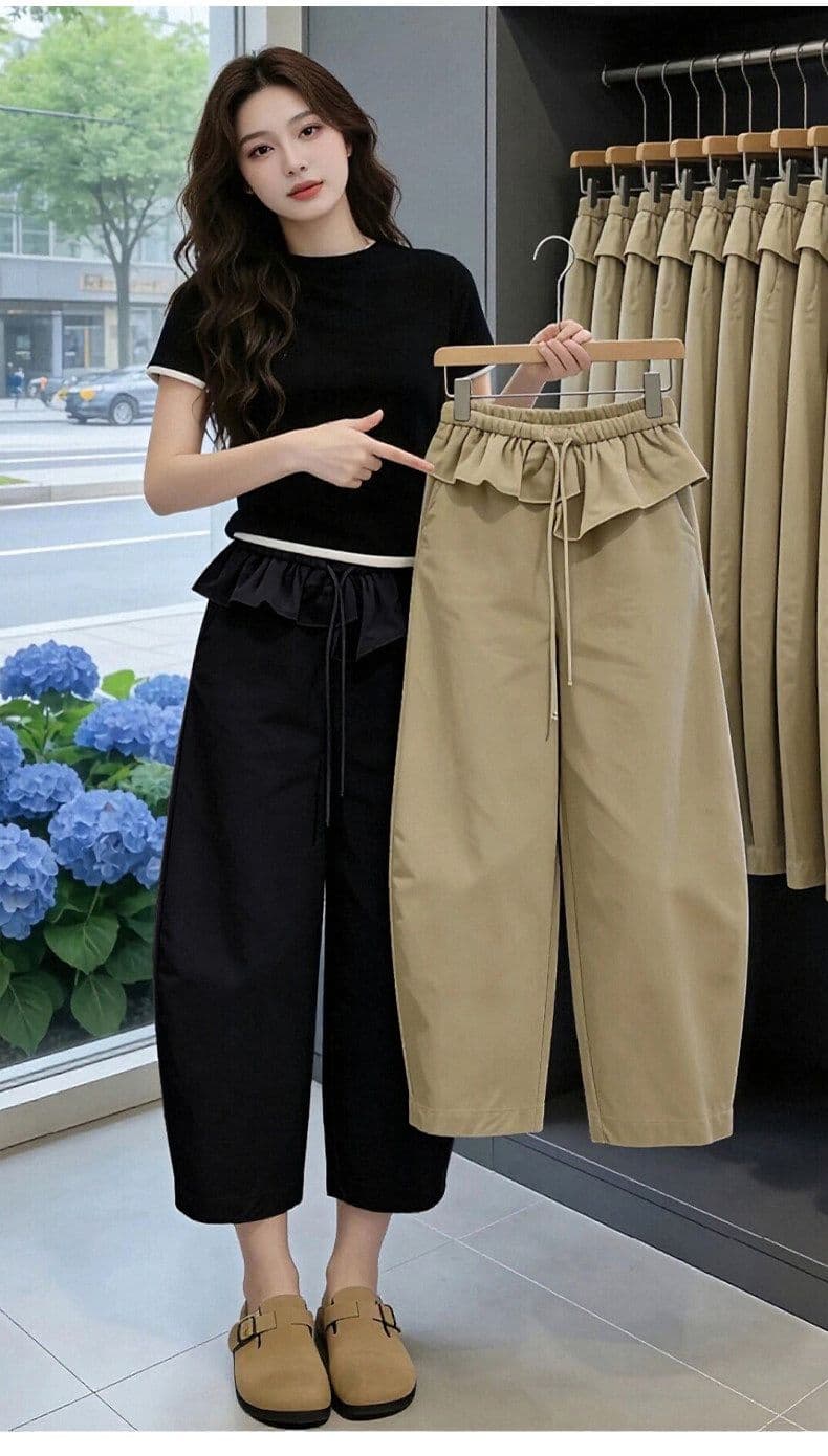 카키 색 프릴 허리 머리 8 점 바지 여성 여름 밴딩 모통이 칼 바지 디자인 센스 상세 이미지 8