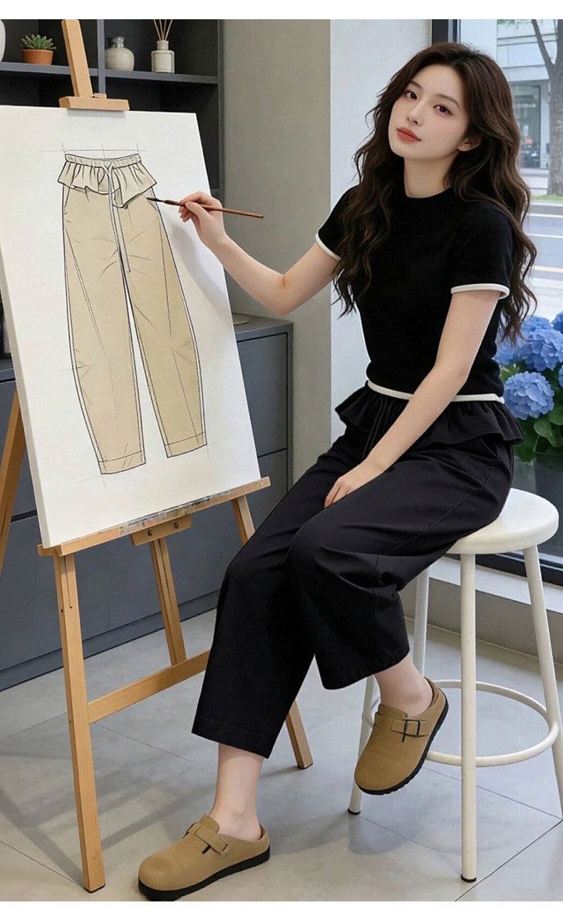 카키 색 프릴 허리 머리 8 점 바지 여성 여름 밴딩 모통이 칼 바지 디자인 센스 상세 이미지 9