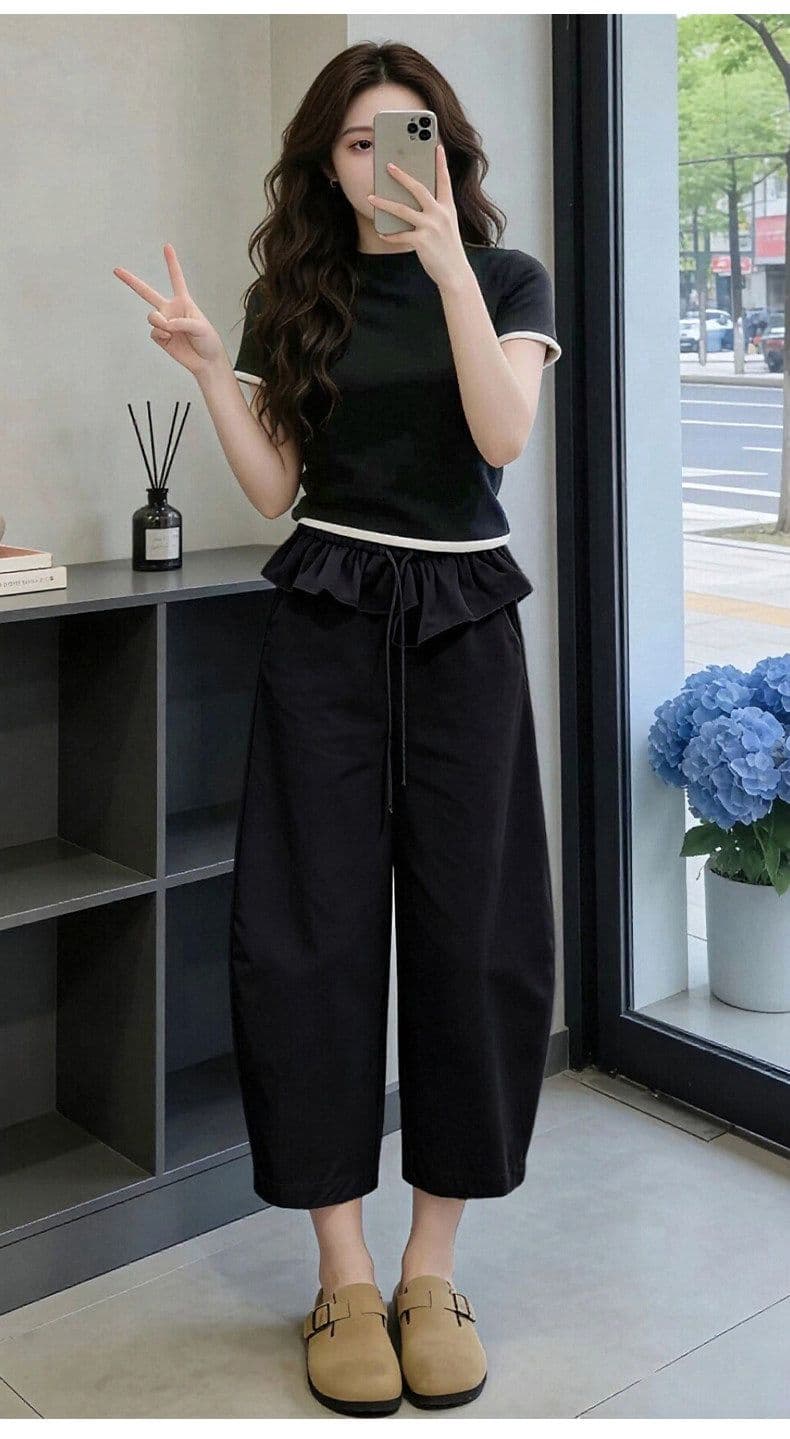 카키 색 프릴 허리 머리 8 점 바지 여성 여름 밴딩 모통이 칼 바지 디자인 센스 상세 이미지 11