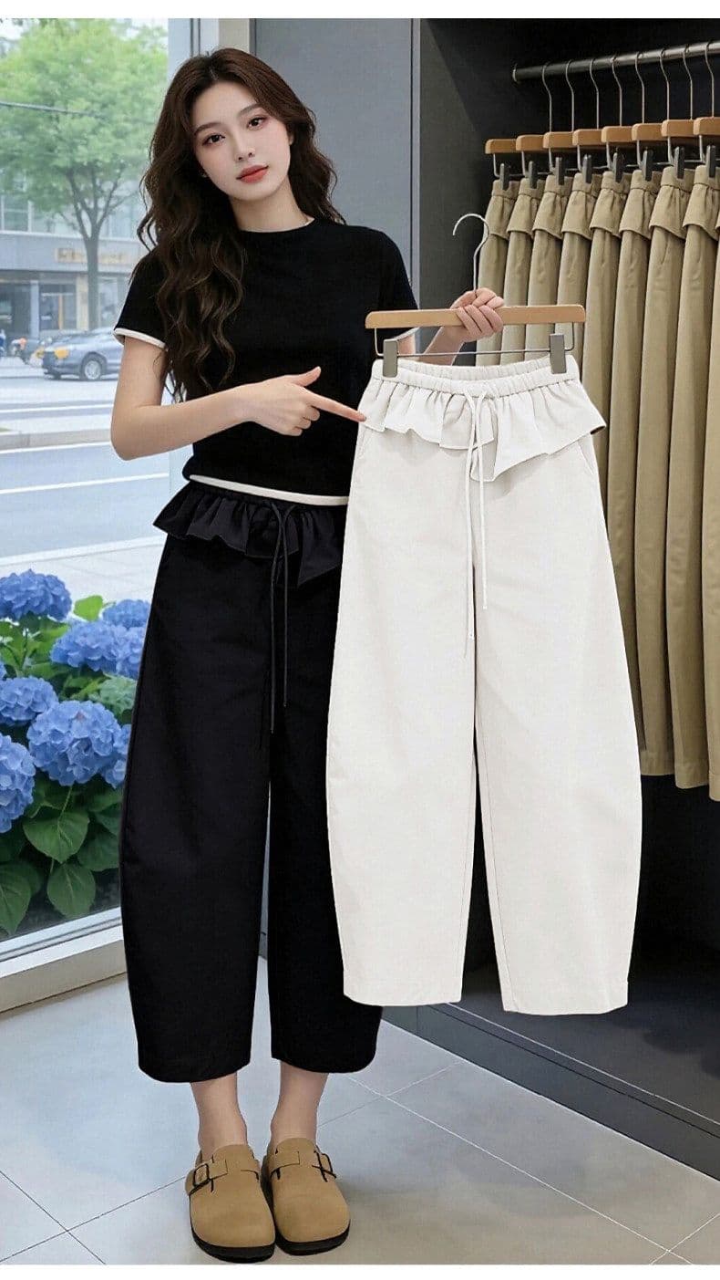 카키 색 프릴 허리 머리 8 점 바지 여성 여름 밴딩 모통이 칼 바지 디자인 센스 상세 이미지 12