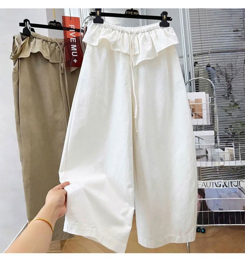 카키 색 프릴 허리 머리 8 점 바지 여성 여름 밴딩 모통이 칼 바지 디자인 센스 상세 이미지 13
