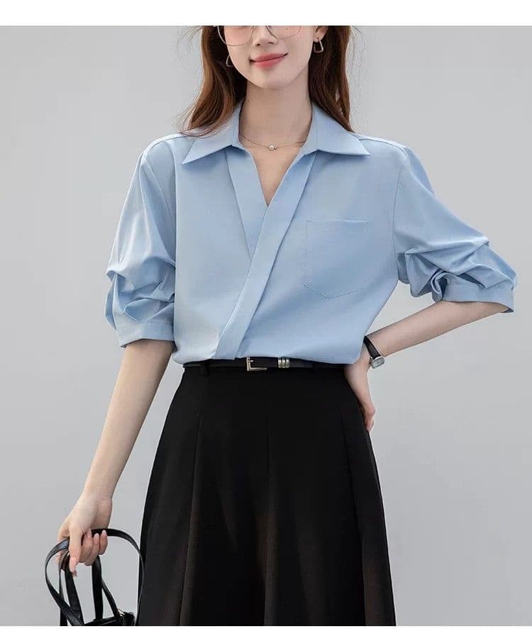 프랑스식 화이트 V넥 반팔 여성 셔츠 여름 반소매 벌룬 소매 셔츠 2026 새로운 차가운 센스 긍정적 인 어깨 의류 상세 이미지 20
