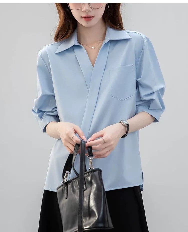 프랑스식 화이트 V넥 반팔 여성 셔츠 여름 반소매 벌룬 소매 셔츠 2026 새로운 차가운 센스 긍정적 인 어깨 의류 상세 이미지 25