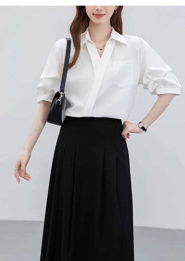 프랑스식 화이트 V넥 반팔 여성 셔츠 여름 반소매 벌룬 소매 셔츠 2026 새로운 차가운 센스 긍정적 인 어깨 의류 상세 이미지 26