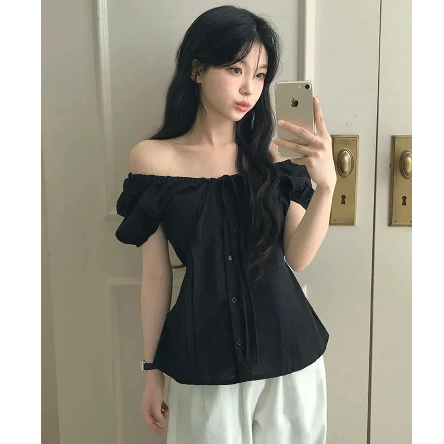 한국 여름 프랑스식 달콤함 작은 키 여성 셔츠 다용도 허리 수축 슬림해 보이는 버블 반팔 맨위