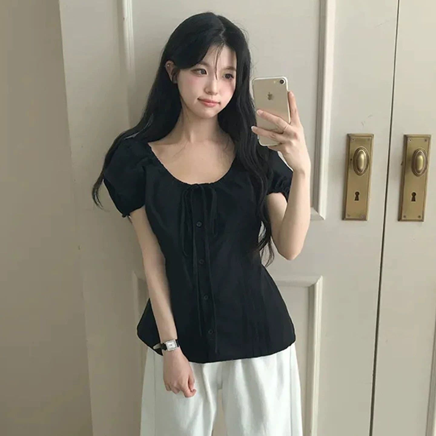 한국 여름 프랑스식 달콤함 작은 키 여성 셔츠 다용도 허리 수축 슬림해 보이는 버블 반팔 맨위 이미지 3