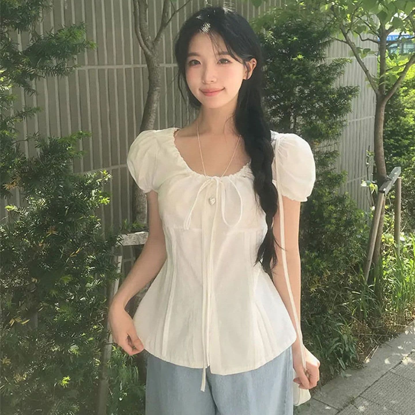 한국 여름 프랑스식 달콤함 작은 키 여성 셔츠 다용도 허리 수축 슬림해 보이는 버블 반팔 맨위 상세 이미지 1