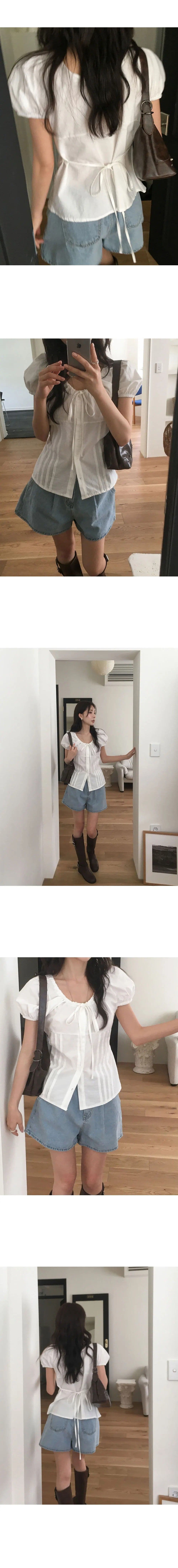한국 여름 프랑스식 달콤함 작은 키 여성 셔츠 다용도 허리 수축 슬림해 보이는 버블 반팔 맨위 상세 이미지 6
