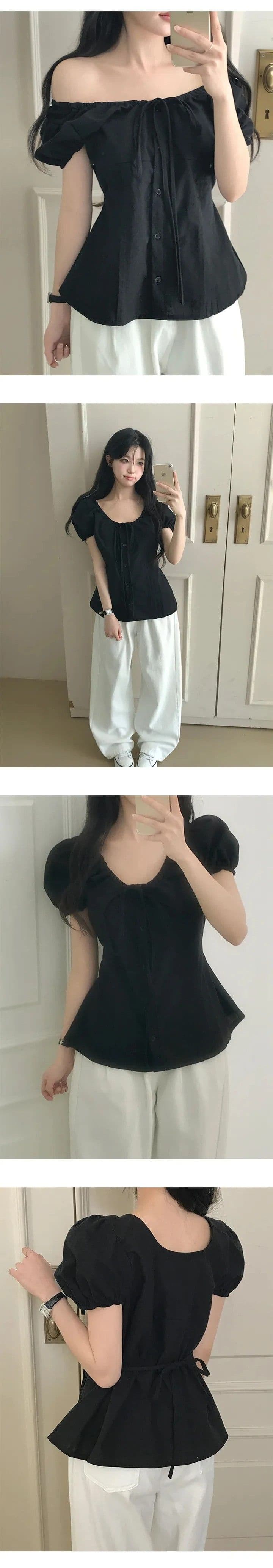 한국 여름 프랑스식 달콤함 작은 키 여성 셔츠 다용도 허리 수축 슬림해 보이는 버블 반팔 맨위 상세 이미지 9