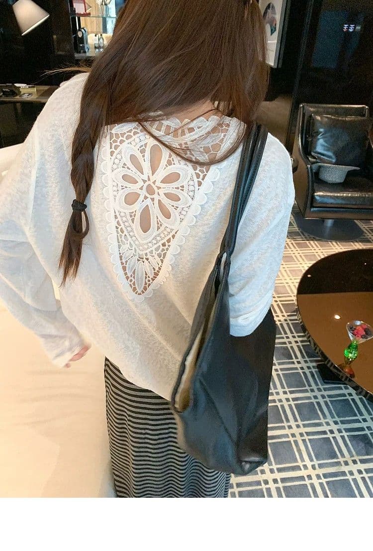 원본 것 한 부서 뒤로 홀로우 아웃 화이트 V넥 긴팔 티셔츠 자외선 차단 블라우스 상세 이미지 8