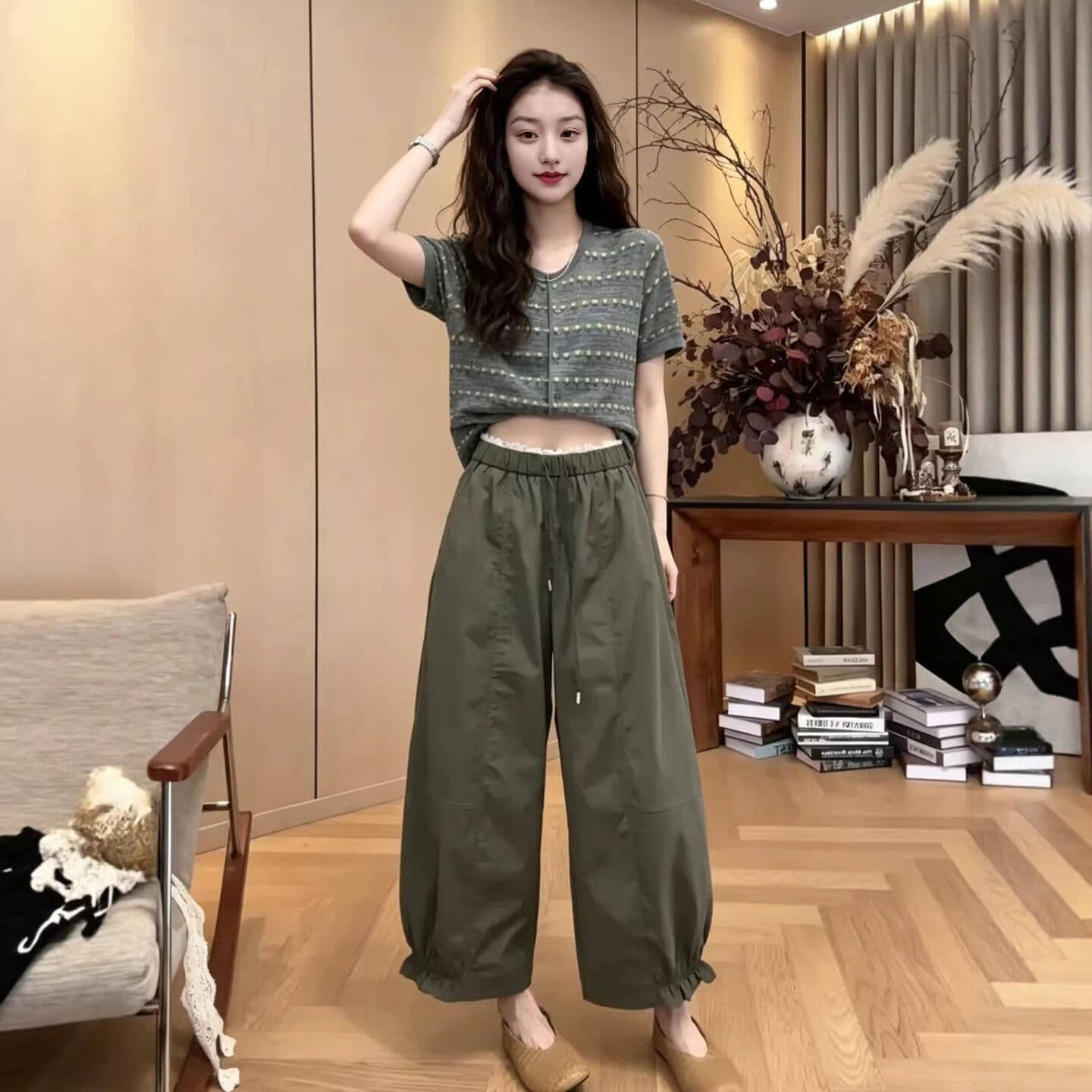 한 부서 레이스 허리 측면 9 포인트 캐주얼 바지 2026 여름 허리밴드 바지 이미지 5