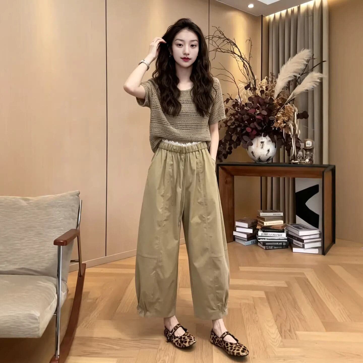 한 부서 레이스 허리 측면 9 포인트 캐주얼 바지 2026 여름 허리밴드 바지 상세 이미지 2