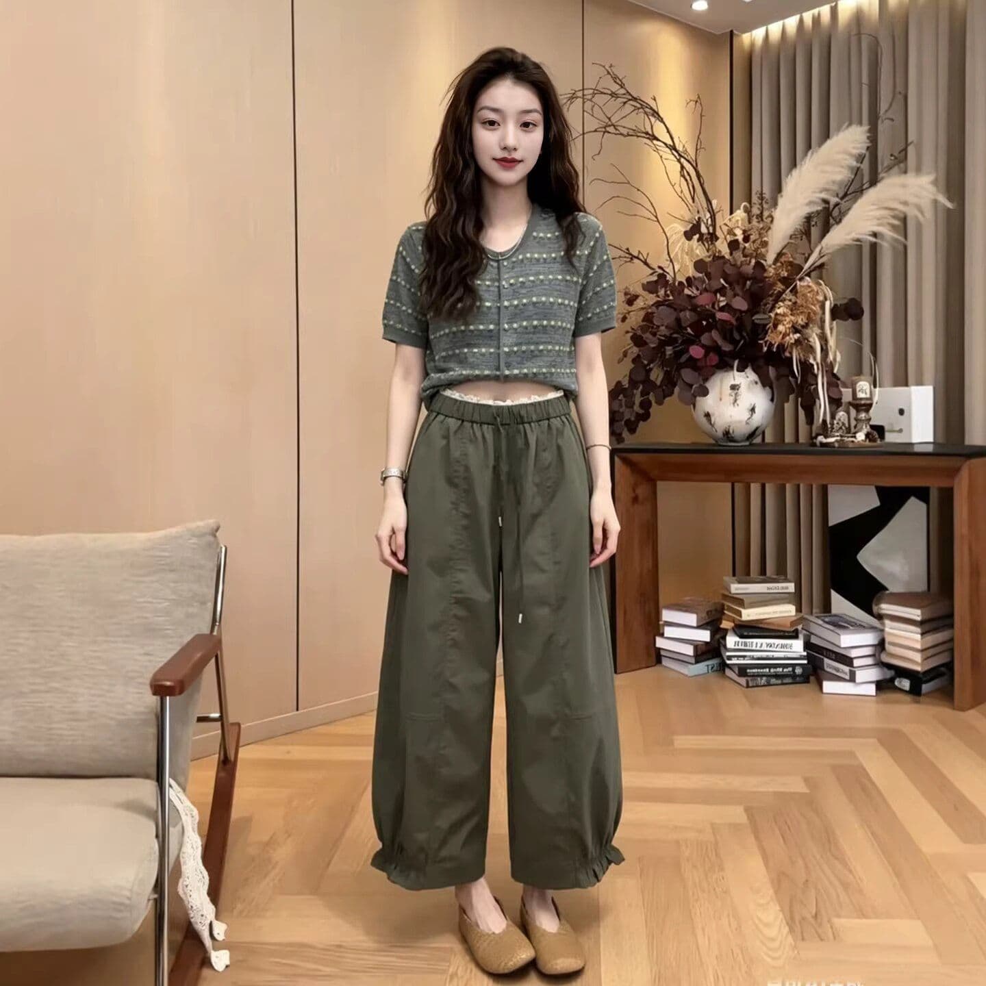 한 부서 레이스 허리 측면 9 포인트 캐주얼 바지 2026 여름 허리밴드 바지 상세 이미지 4