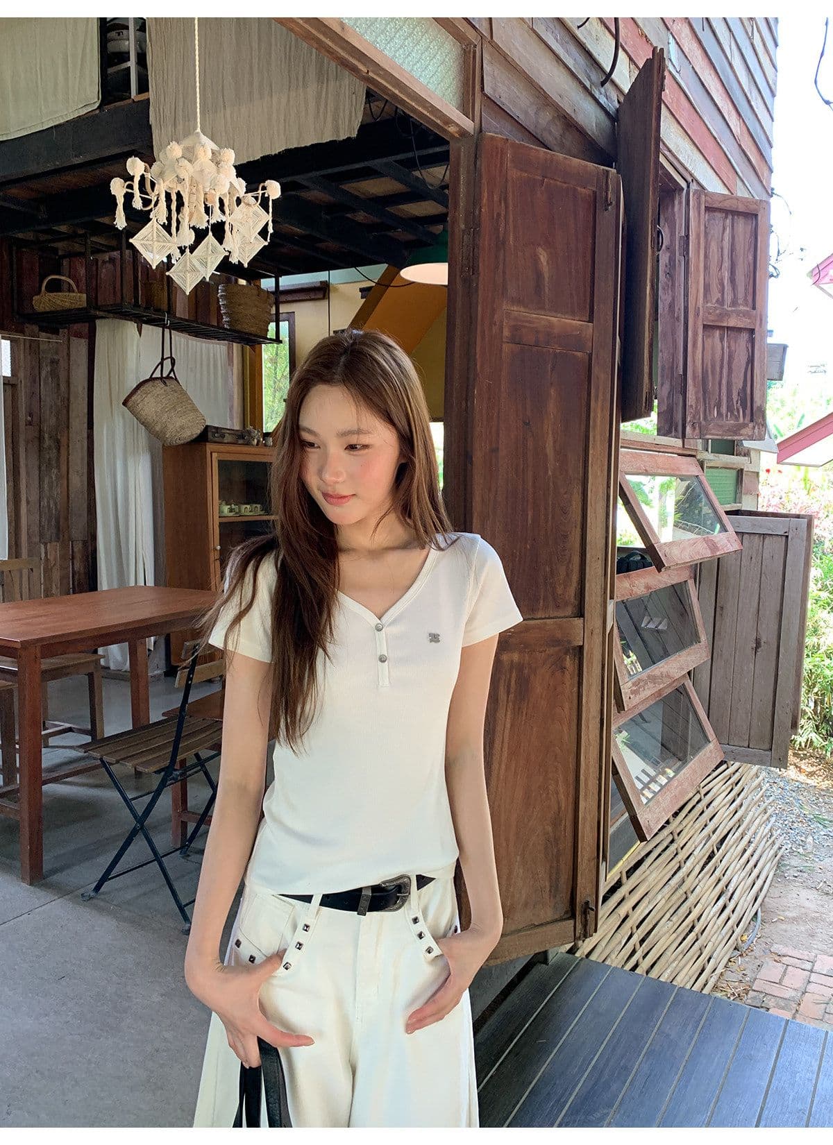 220 그램 물 부드러운 면 반팔 티셔츠 여성 의류 여름 새로운 몸매 가꾸기 슬림해 보이는 단추 V넥 한 첨부 된 의류 상세 이미지 17