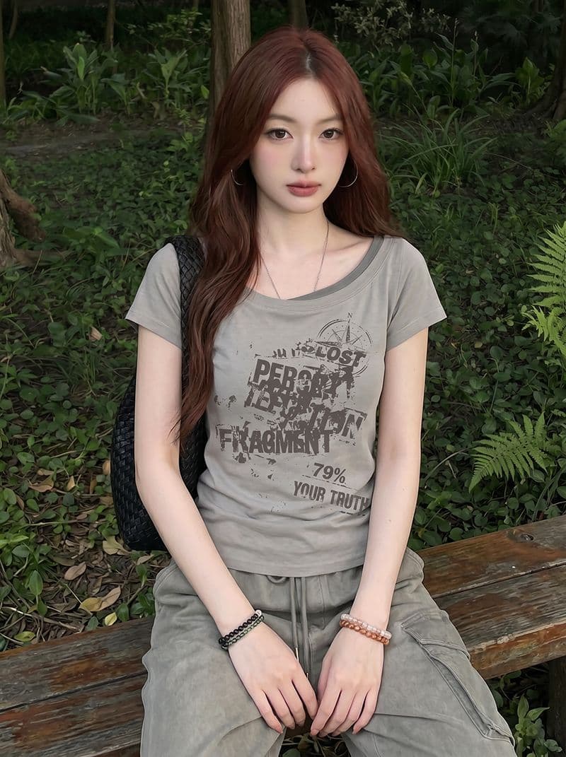 반팔 티셔츠 여성 의류 여름 새로운 몸매 가꾸기 디자인 센스 프린트 슬림해 보이는 페이크 레이어드 한 첨부 된 의류 이미지 2