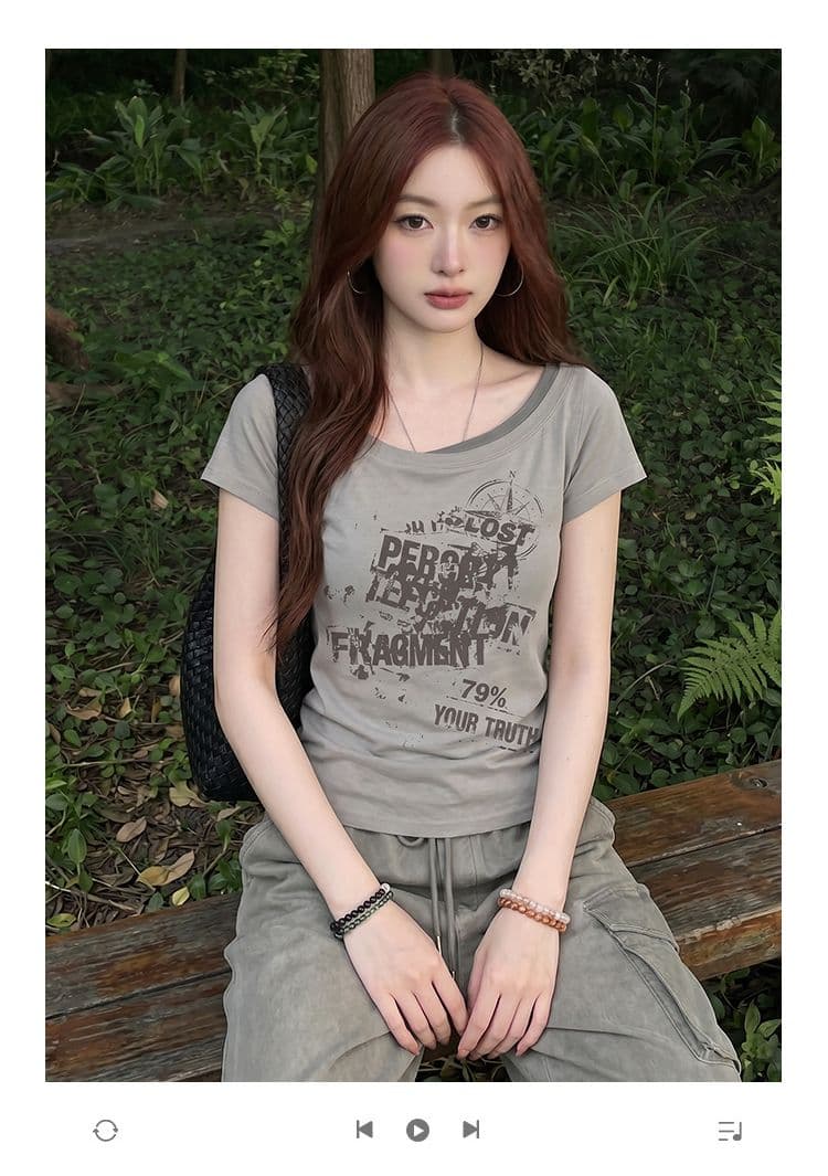 반팔 티셔츠 여성 의류 여름 새로운 몸매 가꾸기 디자인 센스 프린트 슬림해 보이는 페이크 레이어드 한 첨부 된 의류 상세 이미지 1