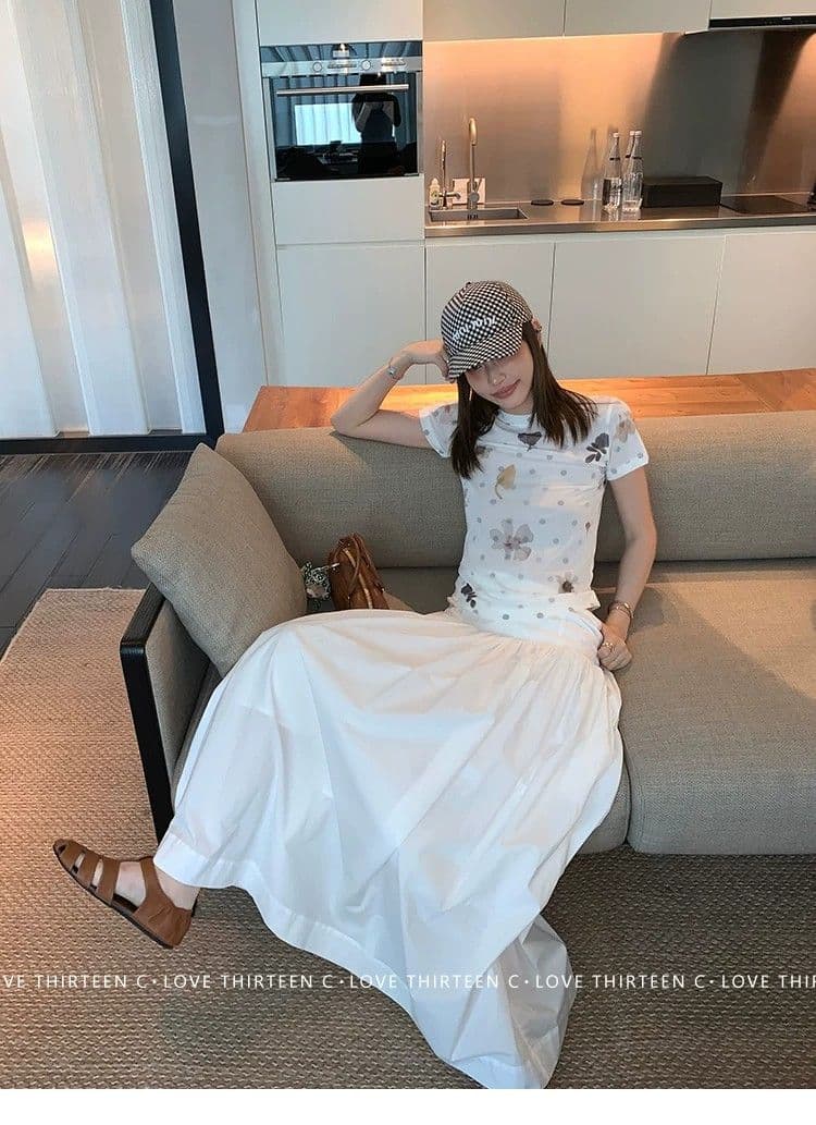 원본 품질 꽃무늬 도트 무늬 망사 라운드 넥 긍정적 인 어깨 몸매 가꾸기 티셔츠 반팔 맨위 상세 이미지 12