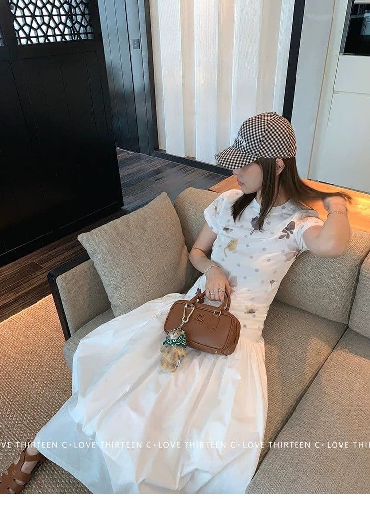 원본 품질 꽃무늬 도트 무늬 망사 라운드 넥 긍정적 인 어깨 몸매 가꾸기 티셔츠 반팔 맨위 상세 이미지 25