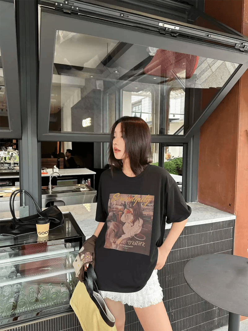 21 순면 210 그램 여름 드레스 반팔 티셔츠 여성 한국 스타일 빅 사이즈 루즈핏
