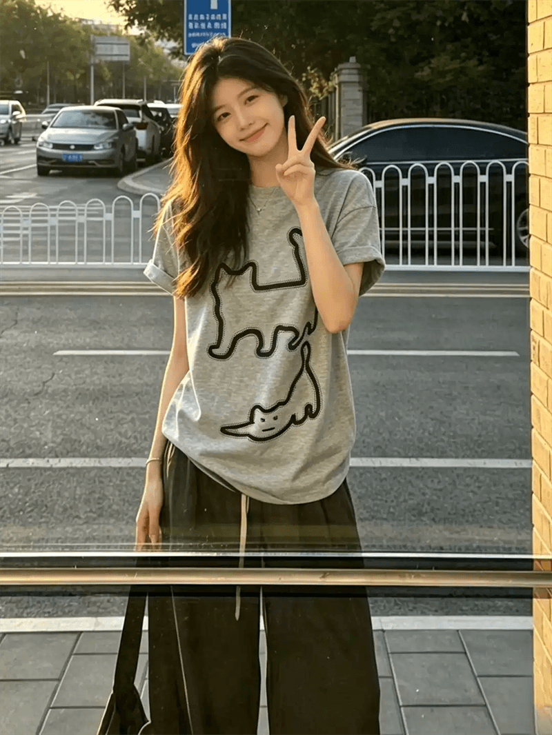 21 순면 210 그램 여름 드레스 반팔 티셔츠 여성 한국 스타일 빅 사이즈 루즈핏 상세 이미지 5