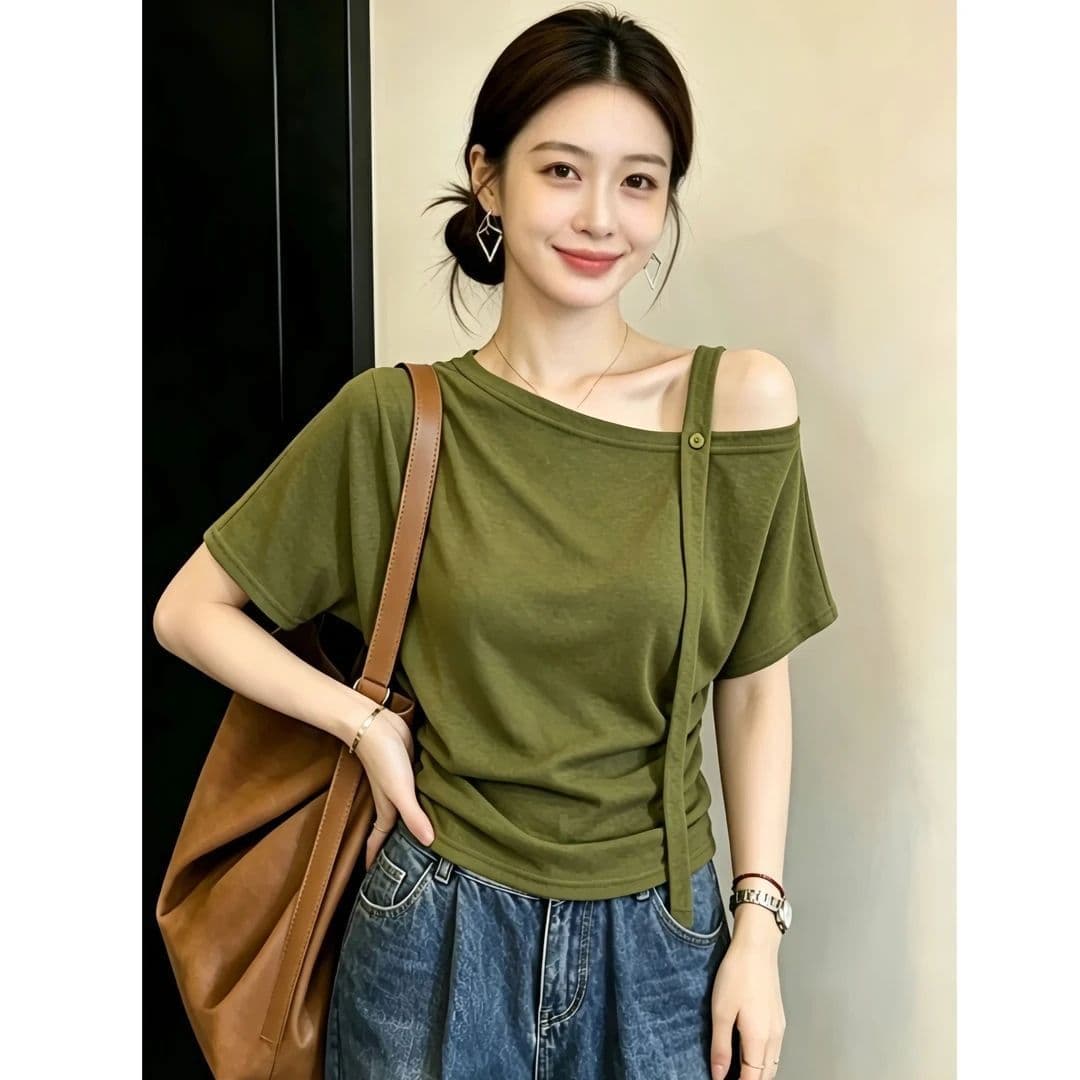 눈꽃 면 비스듬한 어깨 단색 반팔 티셔츠 여성 몸매 가꾸기 표지 고기 품격 다용도 디자인 센스 맨위 이미지 5