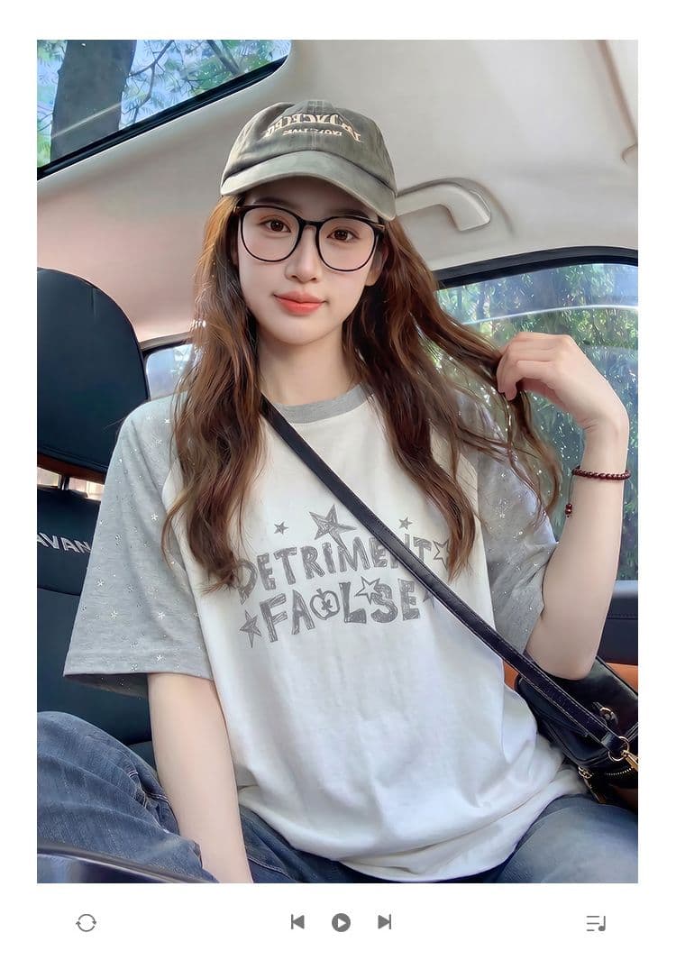 더블 실 순면 반팔 티셔츠 여성 의류 여름 루즈핏 디자인 센스 삽입 어깨 소매 별 라운드 넥 맨위 상세 이미지 1