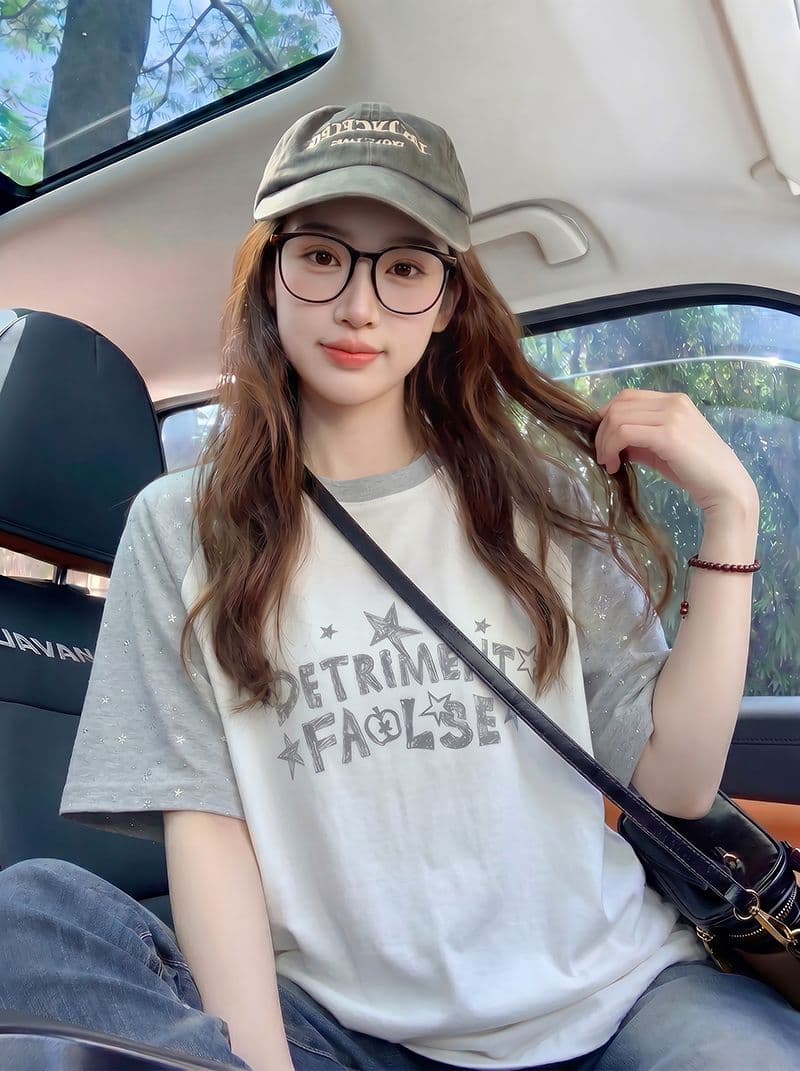 더블 실 순면 반팔 티셔츠 여성 의류 여름 루즈핏 디자인 센스 삽입 어깨 소매 별 라운드 넥 맨위 상세 이미지 5