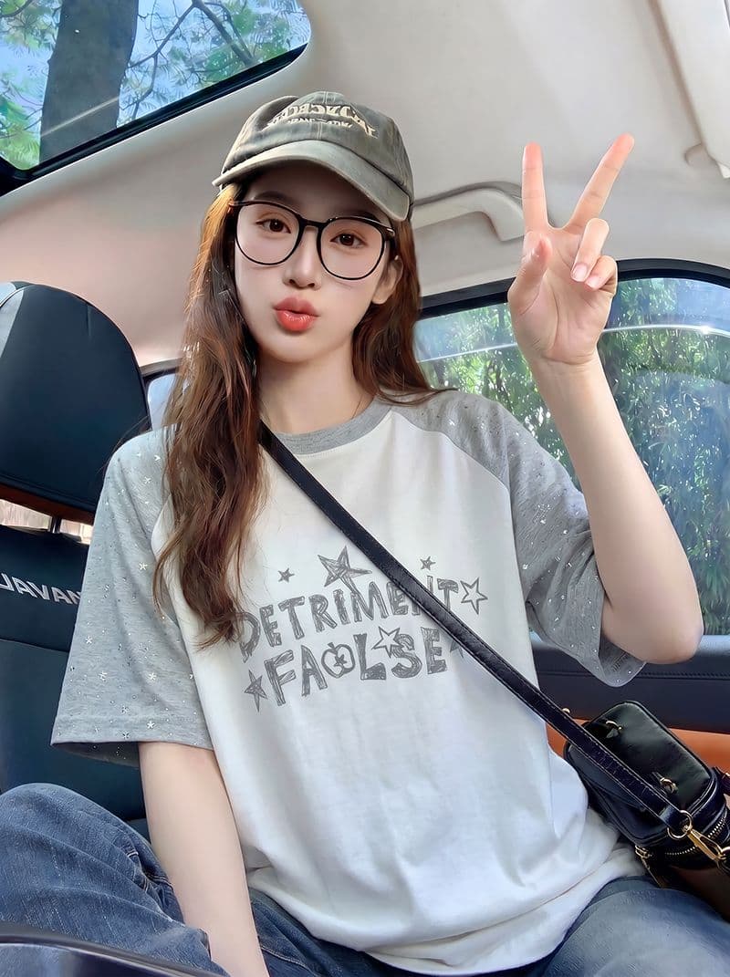 더블 실 순면 반팔 티셔츠 여성 의류 여름 루즈핏 디자인 센스 삽입 어깨 소매 별 라운드 넥 맨위 상세 이미지 8