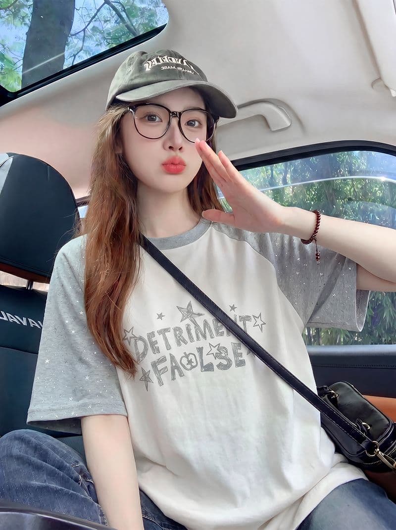 더블 실 순면 반팔 티셔츠 여성 의류 여름 루즈핏 디자인 센스 삽입 어깨 소매 별 라운드 넥 맨위 상세 이미지 9