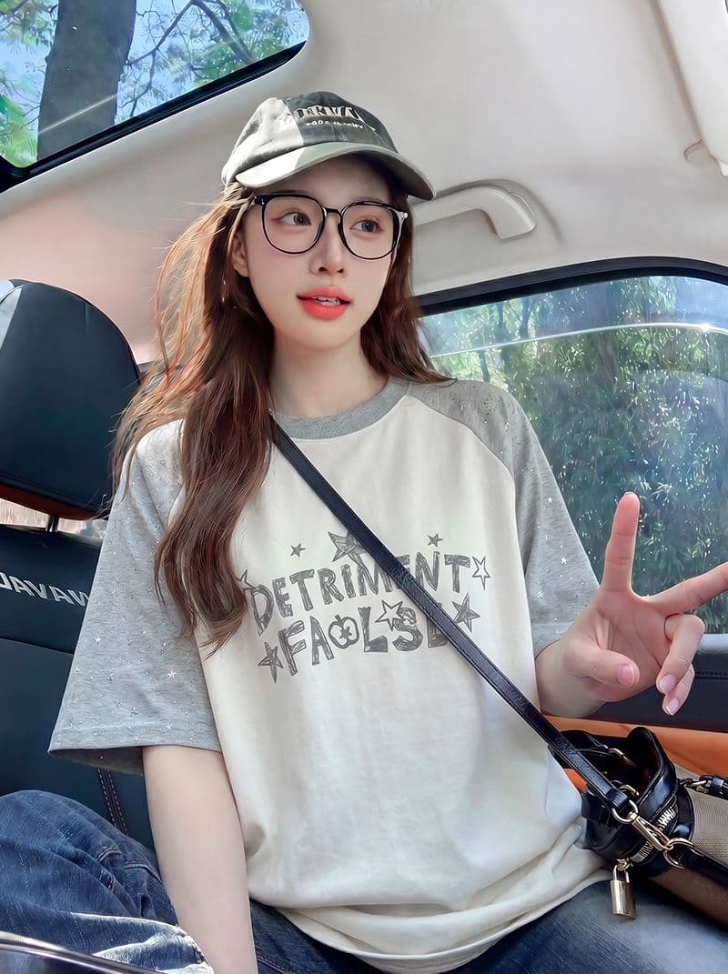 더블 실 순면 반팔 티셔츠 여성 의류 여름 루즈핏 디자인 센스 삽입 어깨 소매 별 라운드 넥 맨위 상세 이미지 10
