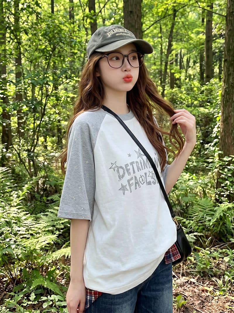 더블 실 순면 반팔 티셔츠 여성 의류 여름 루즈핏 디자인 센스 삽입 어깨 소매 별 라운드 넥 맨위 상세 이미지 11