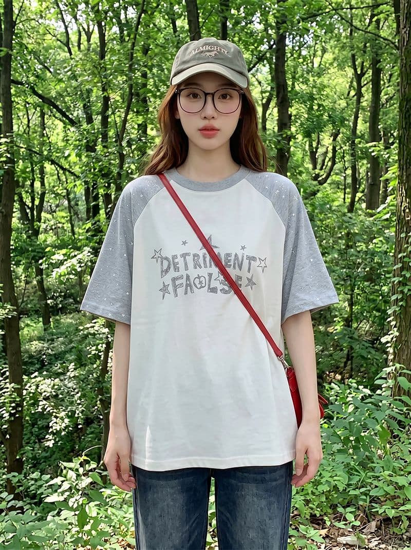 더블 실 순면 반팔 티셔츠 여성 의류 여름 루즈핏 디자인 센스 삽입 어깨 소매 별 라운드 넥 맨위 상세 이미지 12