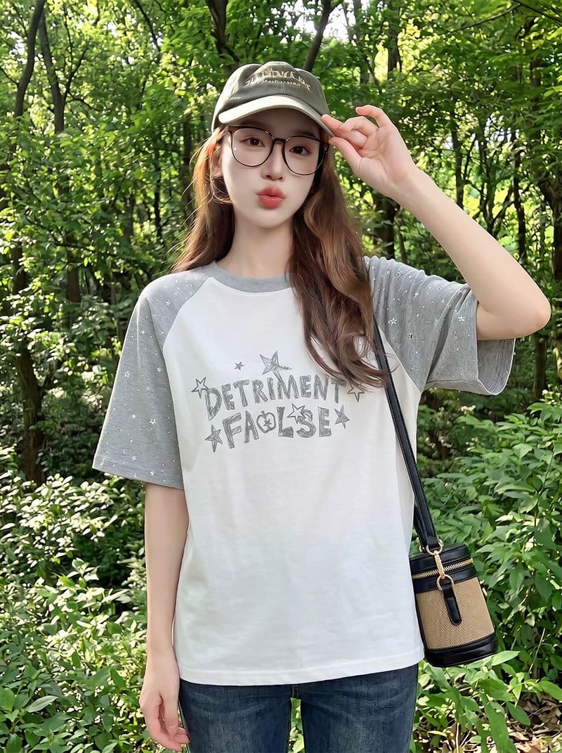 더블 실 순면 반팔 티셔츠 여성 의류 여름 루즈핏 디자인 센스 삽입 어깨 소매 별 라운드 넥 맨위 상세 이미지 13