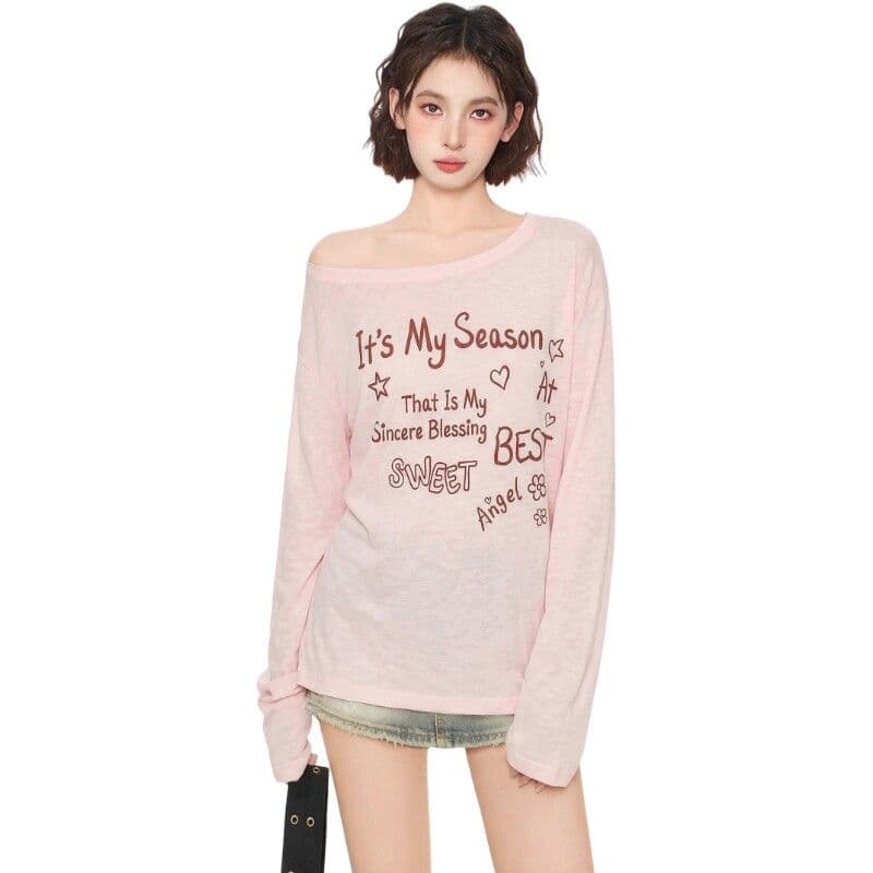 원본 품질 핑크색 비스듬한 어깨 오프숄더 얇은 스타일 자외선 차단 블라우스 여성 티셔츠 이미지 2