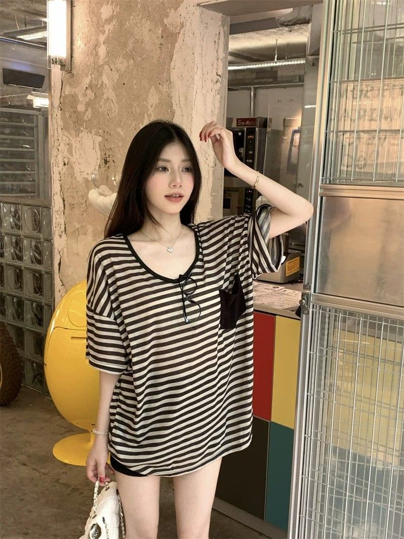 원본 품질 반팔 티셔츠 여름 스트라이프 느긋한 바람 루즈핏 V넥 맨위 상세 이미지 8