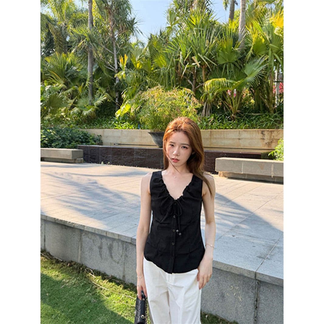원본 품질 네리 V넥 조끼 여성 여름 비즈 핀치 Pleat 민소매 허리 수축 쇼트 스타일 작은 맨위 이미지 5