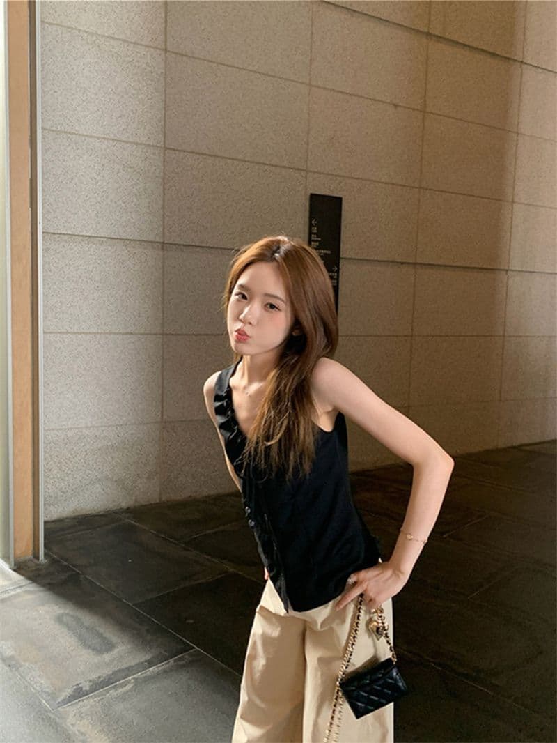 원본 품질 네리 V넥 조끼 여성 여름 비즈 핀치 Pleat 민소매 허리 수축 쇼트 스타일 작은 맨위 상세 이미지 7