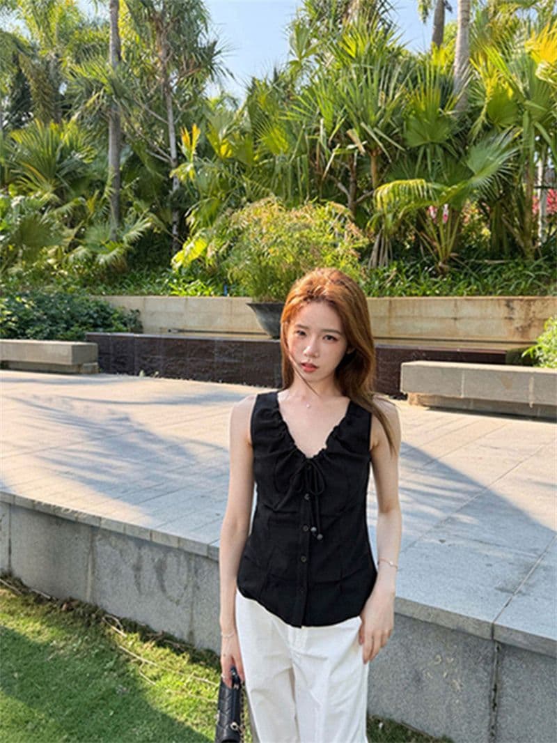 원본 품질 네리 V넥 조끼 여성 여름 비즈 핀치 Pleat 민소매 허리 수축 쇼트 스타일 작은 맨위 상세 이미지 15